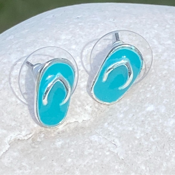 Thong sandals flip flops earrings slippahs silver tone turquoise enamel studs - Picture 7 of 8